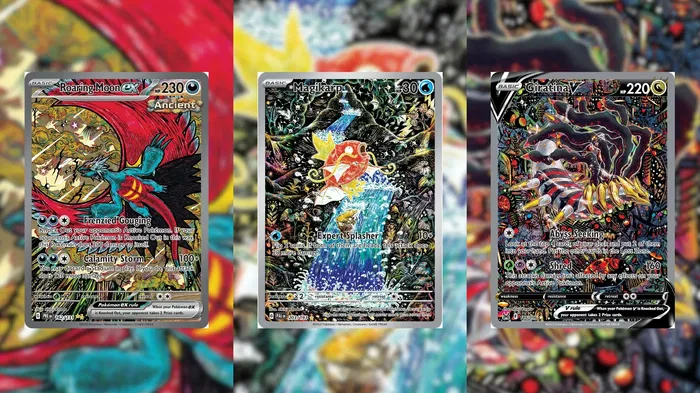 A picture of the Pokemon cards, Roaring Moon ex, Magikarp, and Giratina V.